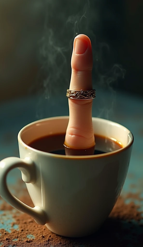 A cup of coffee close-up, in the cup, a girls finger gradually dissolves，There is also a ring on the finger 