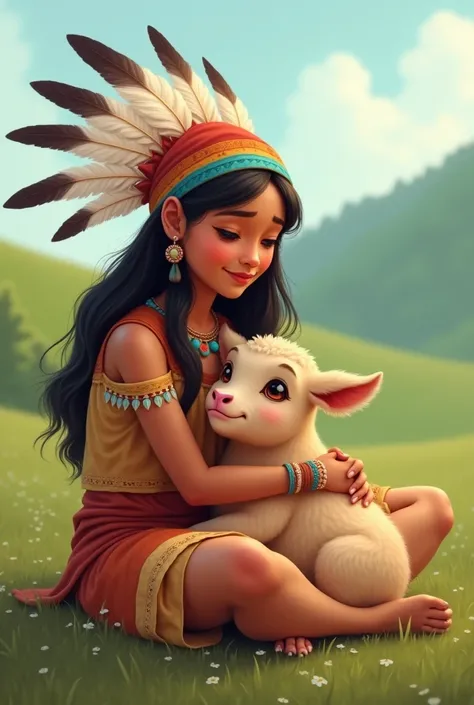 Cartoon of an indigenous woman with a headdress, with a tender face ,  cuddles a calf with its head in its lap