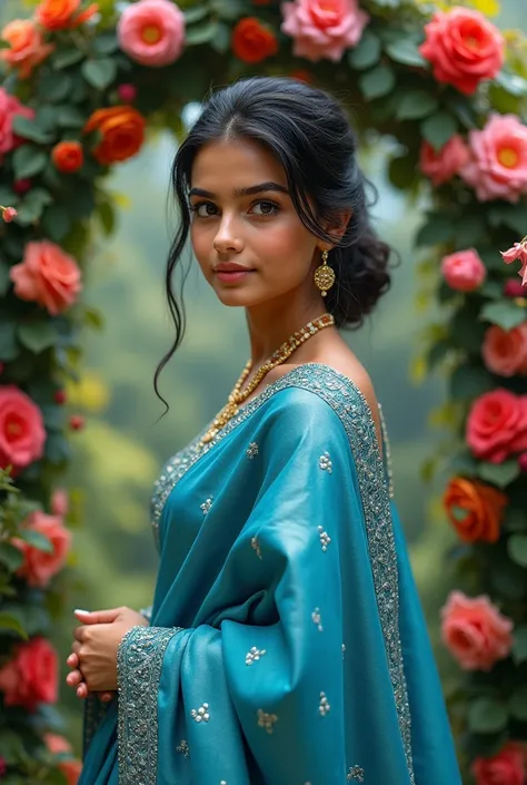 A beautiful girl in designing blue saree in front of flowers gate zoom view realistic 