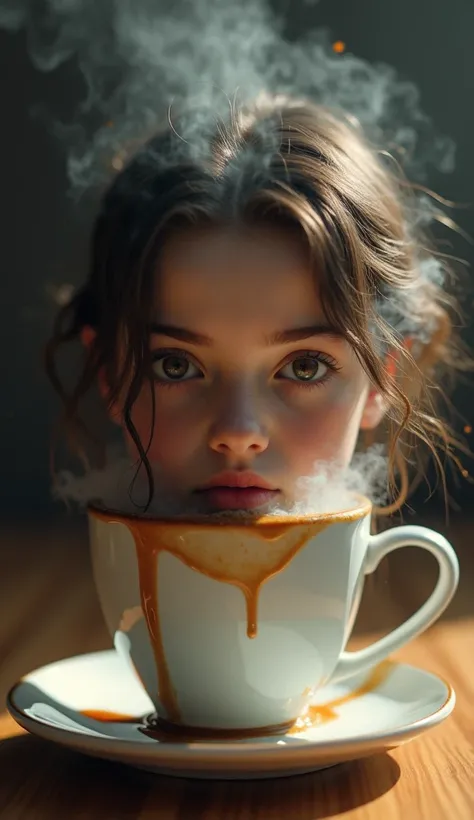 A cup of coffee close-up,A girls head in a cup gradually dissolves，Braving the heat，Highly detailed and realistic