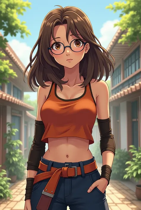 I want you to create an oc ,  you have medium brown hair , long, who wears glasses,  your eyes are brown you have , She will wear an outfit as if she were in the Naruto universe with 2D anime-style features 