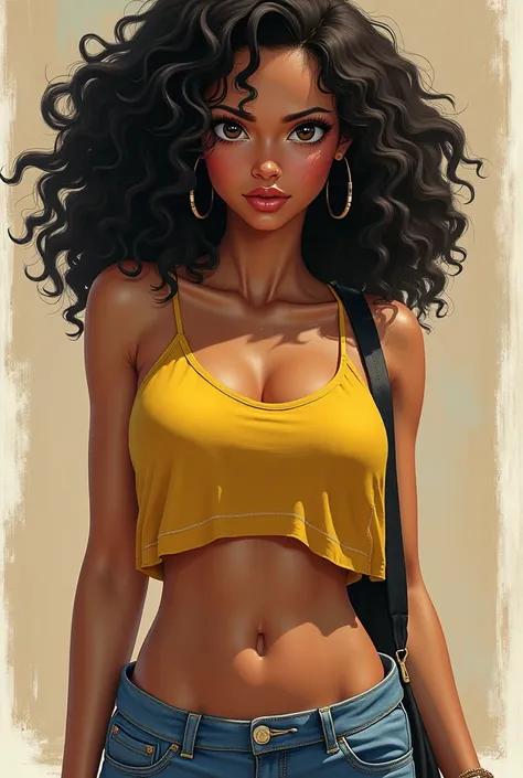 Nico Robin from One Piece, Pre time skip ,  brown skin,  yellow top and denim shorts,  thick and realistic lips 