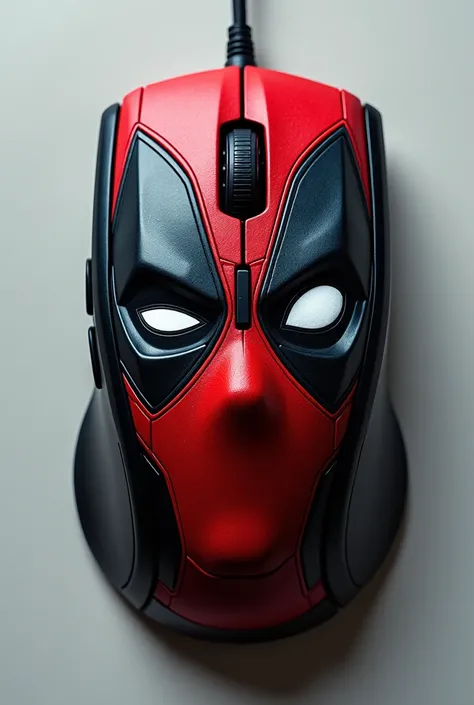 A computer mouse with Deadpools face from different angles