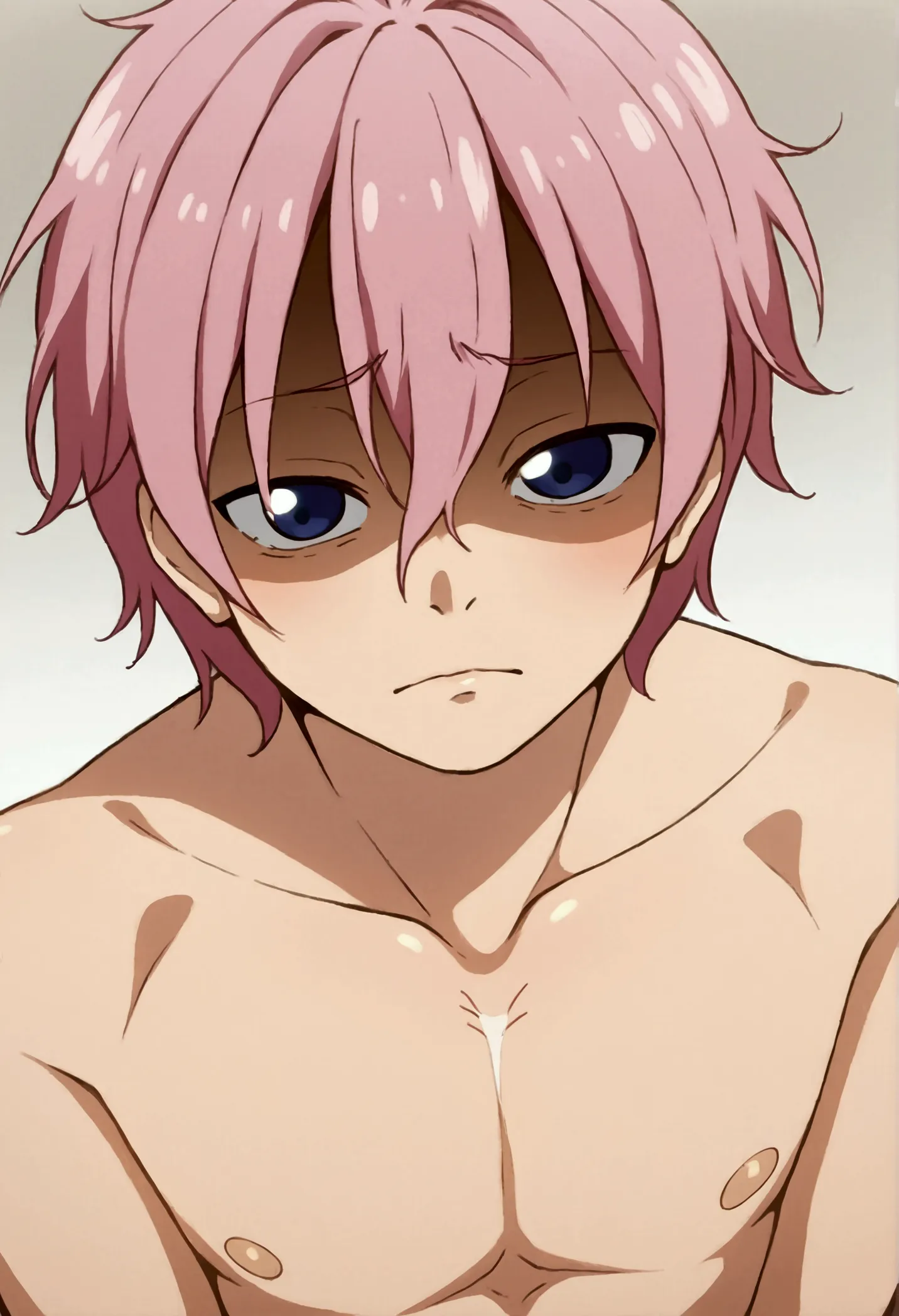 score_9, score_8_up, score_7_up, rating_explicit, source_anime, man, solo, innovative design, pink hair with blue dots, stitched...