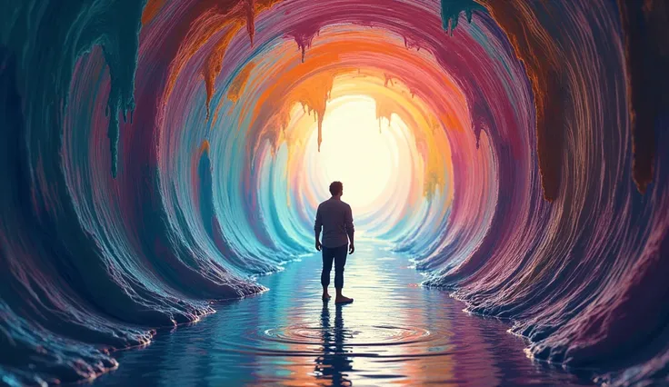 Man looking at a tunnel of colored paints with a water path