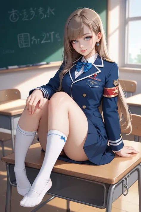  A 17-year-old girl , gray eyes and brown hair ,  has long hair tied in a high tail . With a white long sleeve shirt ,  a navy blue dress coat and with a black skirt.  White socks that reach the knee . Shes sitting at a table in a classroom. 