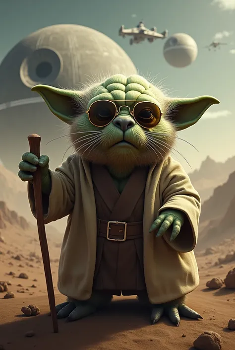  I want to be Master Yoda ,  with his pointed ears , But with Beavers Head, You must wear golden Oakley lenses,  on one of his hands his wooden rod , In the sky you must see the Death Star and some ships from Star Wars