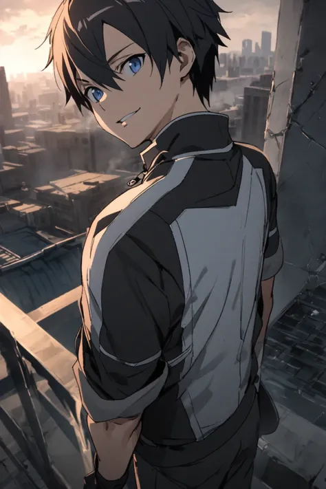 masterpiece, 最 High Quality , 8k, ((1 male, Alone, male focus, confident,)), High School Building Rooftop , 最 High Quality , Kirito, Japanese delicate and classy anime style cool guy,  Sword Art Online, Im wearing a black zipper-type school uniform all ove...