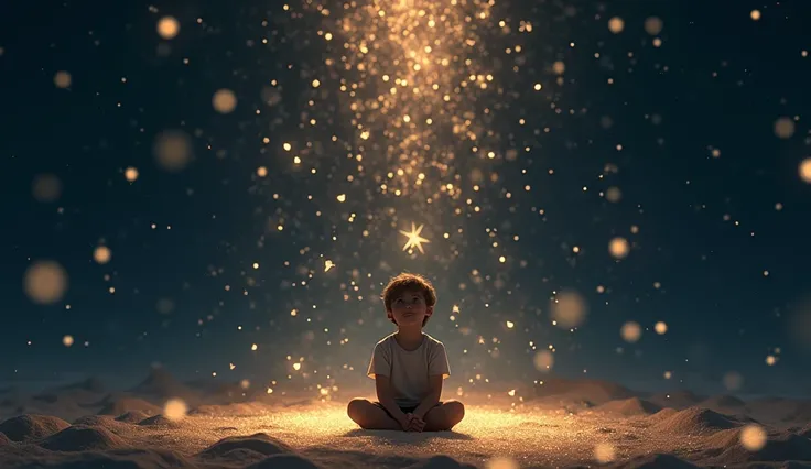 Boy sitting balancing under a shower of stars