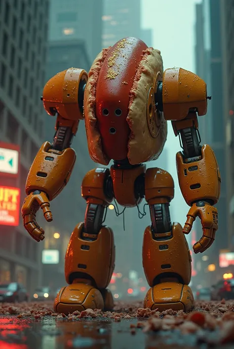 a hotdog mech who has gone rouge and is glitching out and he is destroying New York and throwing wet slimy ham everywhere and burning cars. they replaced all the concrete with solidified throw up and feet shavings. he has hands that are in the shape of mar...