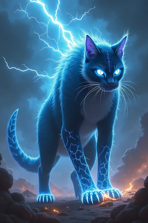 "A monstrous hybrid creature that seamlessly combines the chaotic energy of a flash of lightning with the predatory nature of a cat. The creatures body is sleek and feline, but its form crackles with raw electricity, with glowing, jagged streaks of lightni...