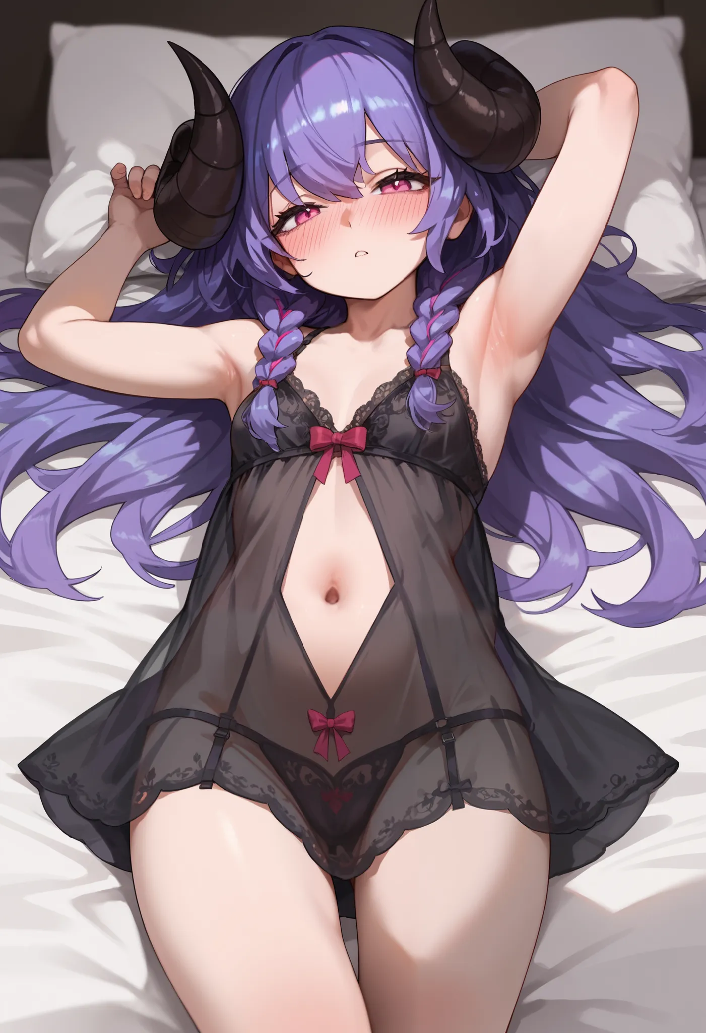 masterpiece, anime, 1girl, sbkin, sheep girl, long hair, purple hair, big hair, braids, curved horns, pink eyes, black nightgown...