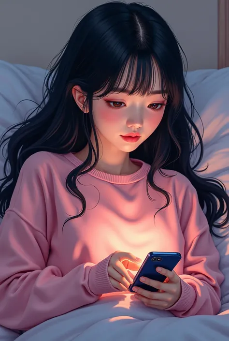 (manhwa style) a korean girl wearing pink sweater on the cell phone all day without stopping, black wavy hair with bangs, and lying on a bed