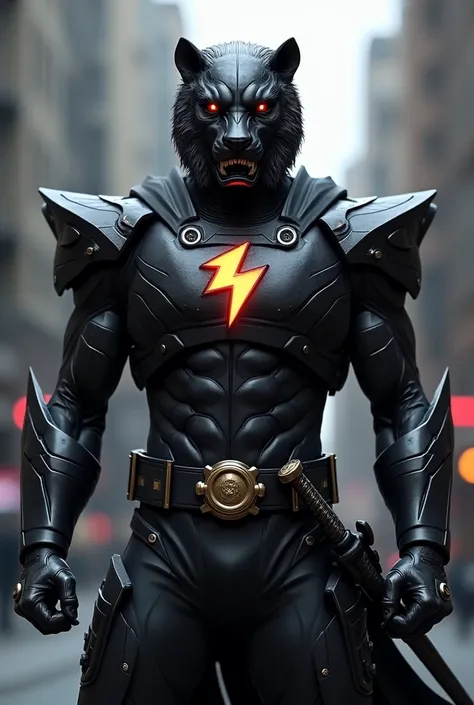 Power rangers 
Combinaison noire
Casque en forme de lion
Un éclair sur le torse
Une épée à la ceinture 