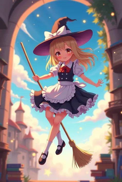 Anime cute girl with twin witch hat maid clothes riding a broom and cleaning with a vacuum