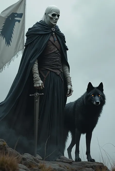 A white mummy in a black cloak holding a sword with a black wolf beside him and Sansa Starks banner behind them.