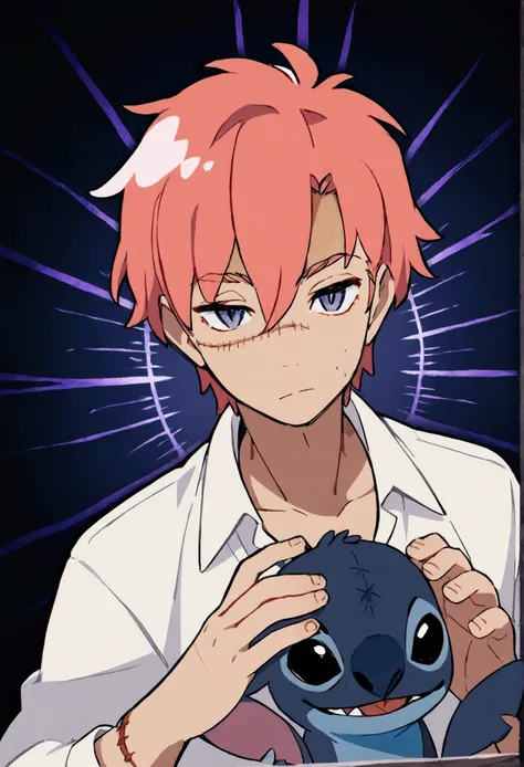 score_9, score_8_up, score_7_up, rating_explicit, source_anime, man, solo, innovative design, pink hair with blue dots, stitched skin, stitch, sewing mark, purple eyes, villain with dark aura, soul stealer, souls, shaded face, amazing quality, best aesthet...