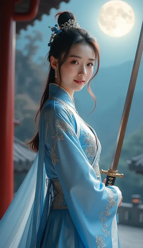 Character：20 years old。 the image of a chivalrous and handsome Chinese woman 。expression：Smile。hair：black，Bangko ponytail hairstyle，Simple headdress。Wear：Chinese exquisite embroidered costume ，I can see my cleavage ， Slim fit 。Blue， with silver and white t...