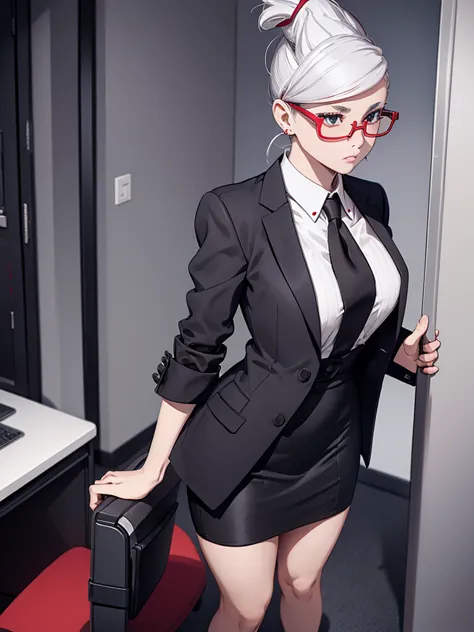 1woman, wearing an office suit, black tight skirt, at an office, white colour hair, red colour spectacles, 8k, high detailed, hi...