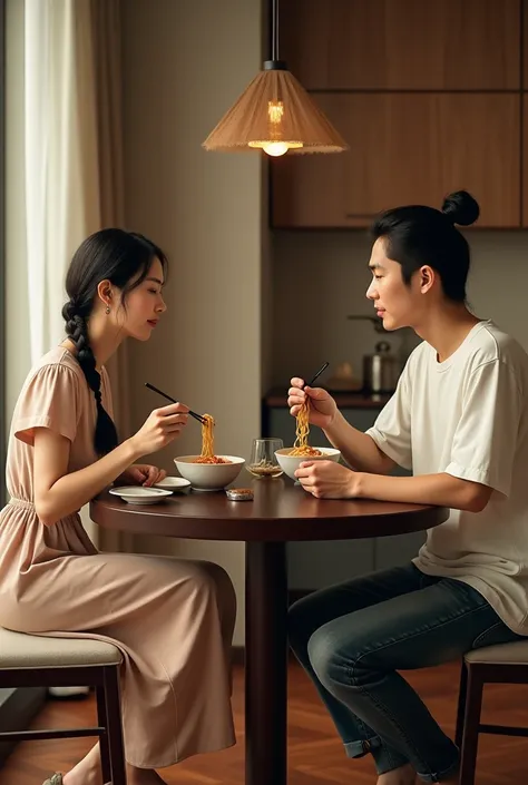  Original portrait of asian couple ,  beautiful woman with braided hair wearing elegant casual dress , jeans, wearing sandals , poses sitting at the dining table with a handsome Asian man with hair topknot Bun,  wearing loose t-shirt shirt ,jeans and slipp...