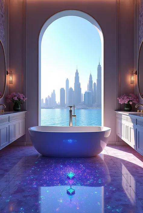 Fait moi une salle de bain de luxe avec une baignoire et des dimants violet et rubis bleu avec une vue sur une piscine a debordement et dubai