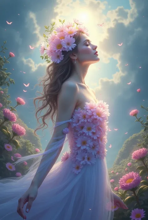 A woman who is also a flower , very faith, with pastel colors,  surrounded by a lot of nature and with a beautiful sky