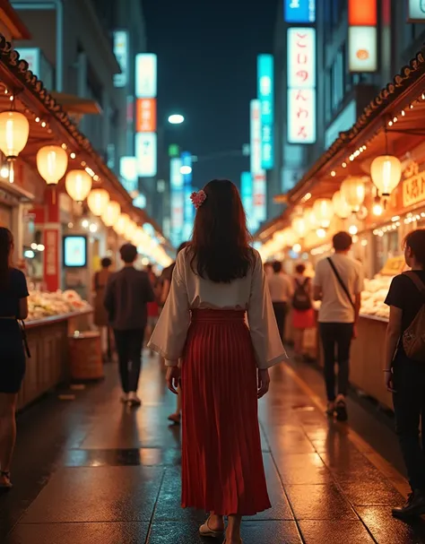 Create a nighttime video of a female figure walking along a bustling street in Tokyo, Japan. The streetlights cast a warm glow on her face as she strolls through the crowded pedestrian area. The cityscape around her is bathed in soft, golden lighting that ...