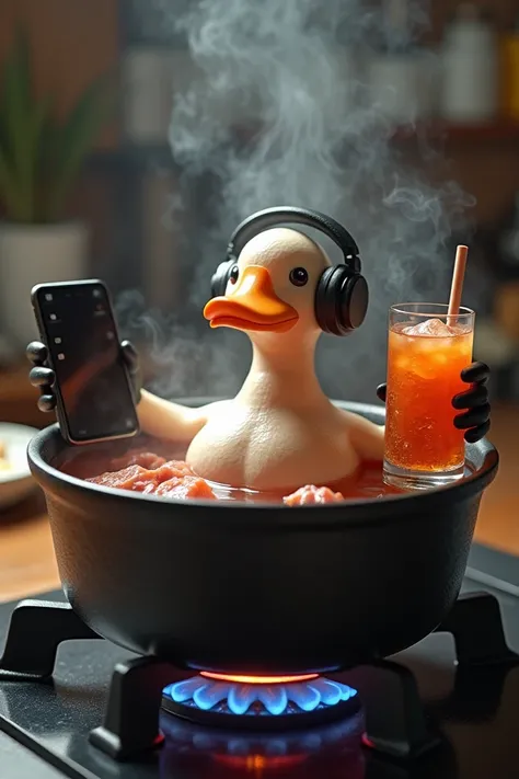 duck meat without feathers, just the skin, sitting relaxed in a pot of boiling water emitting smoke. on a burning gas stove. duck meat without feathers, wearing headphones in his ears. and holding a glass of orange ice water. also holding an Android cellph...