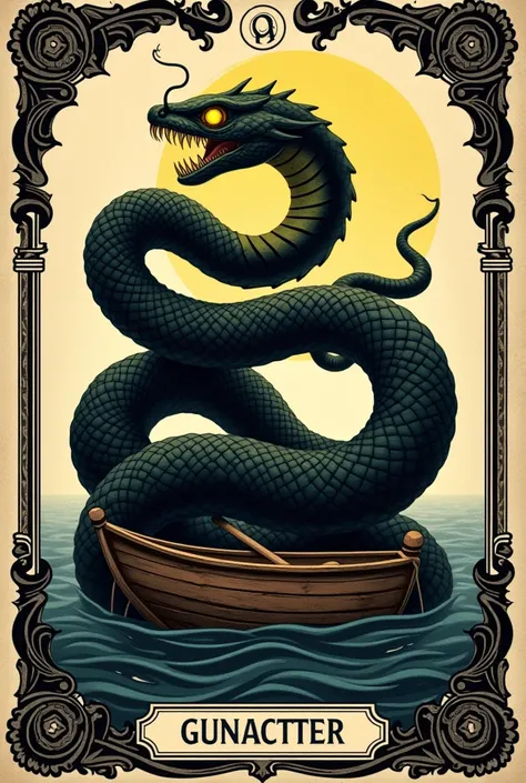 A tarot card, The snake card ,  with a border full of black embroidery ,  and on the card print a black snake with yellow eyes taking the boat