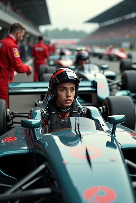 The pilot gets in the car and gets ready to start .  The background shows the track with other more traditional cars .  An assistant approaches the pilot and says something to him while holding a piece of metal in his hand (a car key)