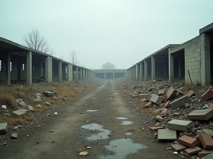 A desolate, empty lot filled with scattered debris, bricks, and pieces of metal. The ground is uneven, with patches of grass pushing through. The sky is overcast, casting a grayish tone over the scene. The atmosphere is lonely and grim, with a sense of dec...