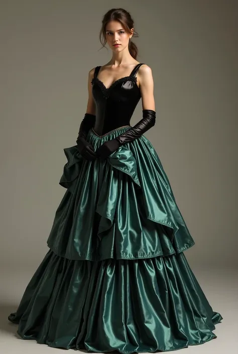  A floor-length dress that requires a petticoat to give it some volume.  From my waist to the floor ,  the silk is gathered in bunches ,  giving it a tasteful wrinkled appearance .  The bodice turns black on the trunk and embraces my waist ,
 reaching a sm...