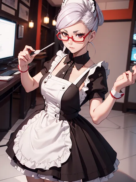 1woman, as a maid, wearing a maid outfit, at a maid cafe , white colour hair, red colour spectacles, 8k, high detailed, high qua...