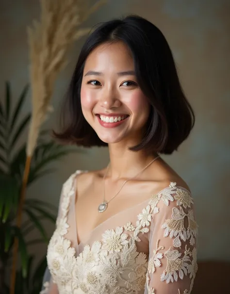 A cheerful young woman with a bobcat-style bob haircut, smiling gently at the camera. She is wearing a traditional Filipiniana dress, featuring intricate embroidery and delicate lace details. The photo is taken in a professional photo studio, set up for a ...