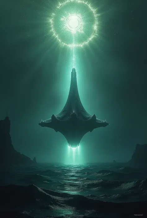  An alien-looking ship emerging from the depths of the ocean,  illuminating the dark waters around it . Above the ship ,  ancient symbols and mysteries of a lost civilization shine ,  connecting the remote past to the future in an apocalyptic event ."
