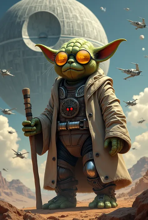 I want to make a Cybor disguised as Master Yoda, But with Beavers Head, You must wear golden Oakley lenses,  on one of his hands his wooden rod , In the sky you should see the Death Star in black and some ships from Star Wars