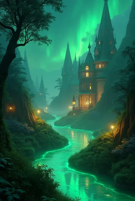  The City of Night Elves is reflected in a green stream，Magical Night Scenery ， beautiful night sky ，Star， Mysterious and Charming Atmosphere ，Highly refined，8k，masterpiece， photorealistic ， Dramatic Lighting ， Movie Grade ，Fantasy Landscape，Ethereal， Glow...