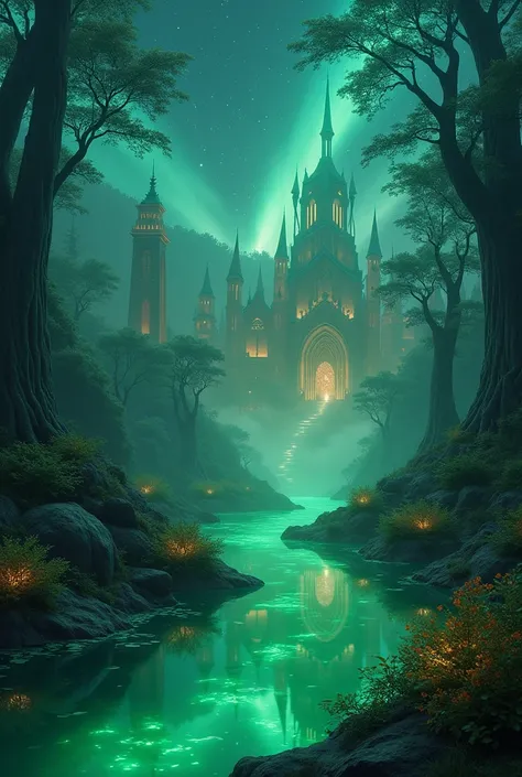  The City of Night Elves is reflected in a green stream，Magical Night Scenery ， beautiful night sky ，Star， Mysterious and Charming Atmosphere ，Highly refined，8k，masterpiece， photorealistic ， Dramatic Lighting ， Movie Grade ，Fantasy Landscape，Ethereal， Glow...