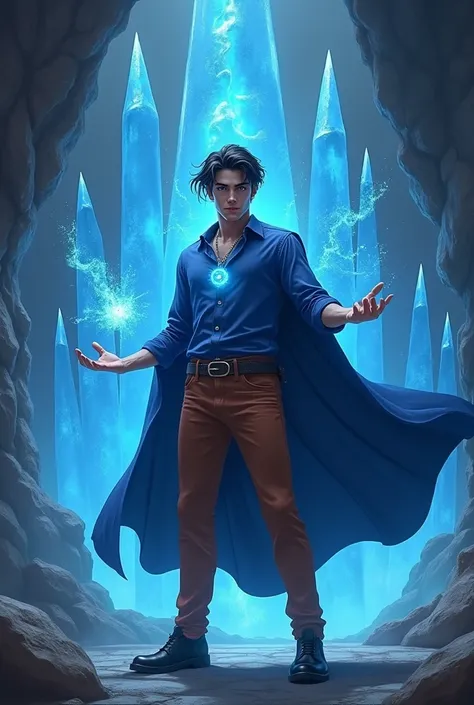  A handsome young man with black hair black eyes thick black eyebrows  ,wearing a blue shirt with long sleeves with closed buttons  , cinnamon brown pants black shoes wearing a chain with blue stone  , wearing a blue cape manipulating Margia in the backgro...