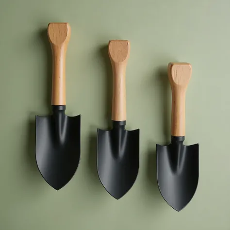  matte black mini seedling shovels with wooden handle , 3 ,  in different sizes {x} The background is slightly dark pastel olive green