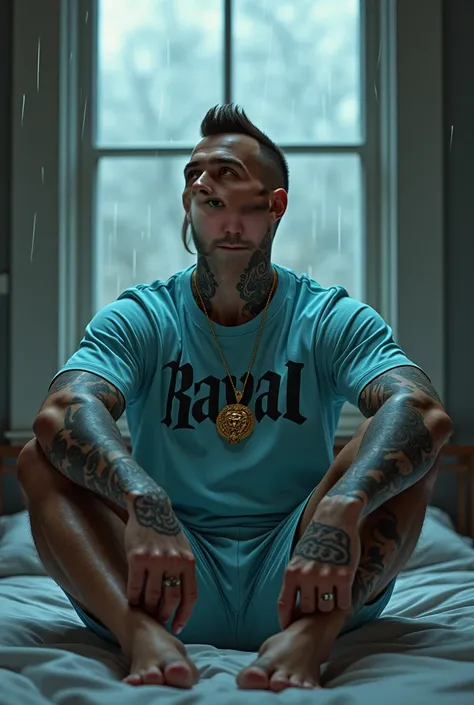 a tattooed man sit on a bed, looking at the ceiling, with shaved sides and a pompadour hairstyle, wearing a gold lion necklace, a light blue t-shirt with the Raval brand, light blue Raval brand shorts, barefoot( retroalimentación) fondo habitación ventana ...