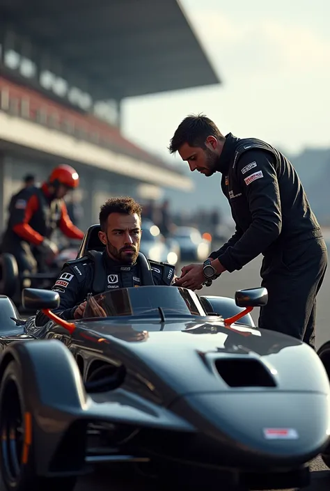 The pilot gets in the car and gets ready to start .  The background shows the track with other more traditional cars .  An assistant approaches the pilot and says something to him while holding a piece of metal in his hand.