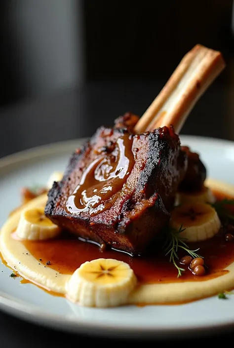  creates a platter of a beef rib, Demi Glace sauce and banana puree , Add an Arequipa potato pie