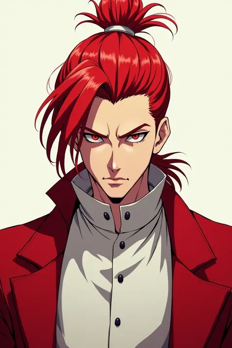 Make a red-haired man with a bun and beard and eyes without a pupil wearing white clothes and a basic red overcoat.  anime style  