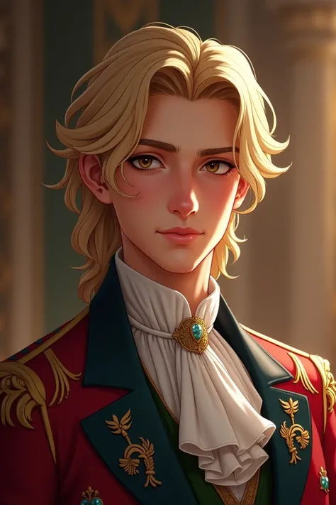 a handsome crown prince with longish blond hair and honey brown eyes. He was wearing formal clothes.