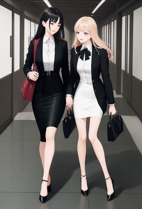 (( best quality)), ((masterpiece)), (be familiar with)  perfect face　Two mature women 、Manga style illustration、Office Style、 business suit、 black jacket 、White open shirt、 black knee-length pencil skirt 、 black pantyhose、Wearing black high heel pumps 、Com...