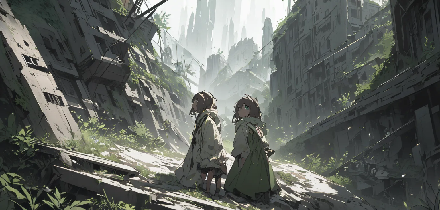 a young girl looks up at a ruined town full of nature　utopia　humankind annihilation