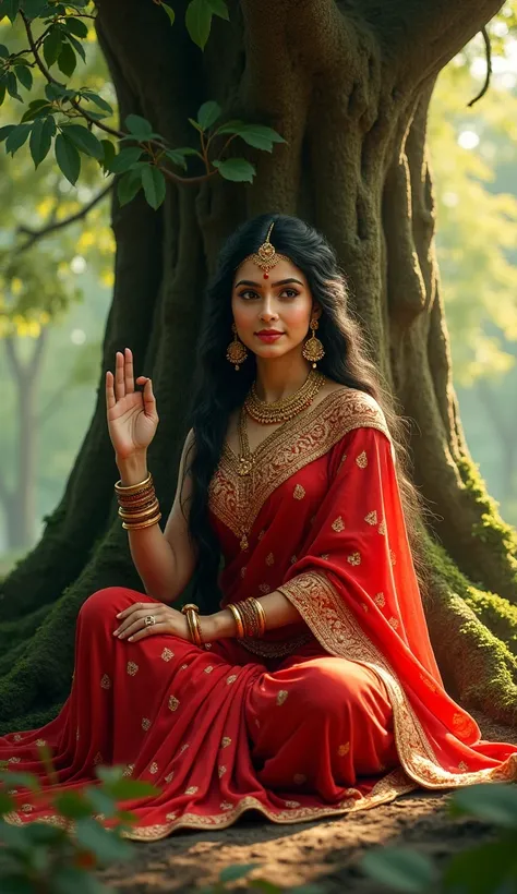 Image of goddess Durga wearing red saree sitting under a tree in Forest and talking or signal with hand realistic beautiful image 