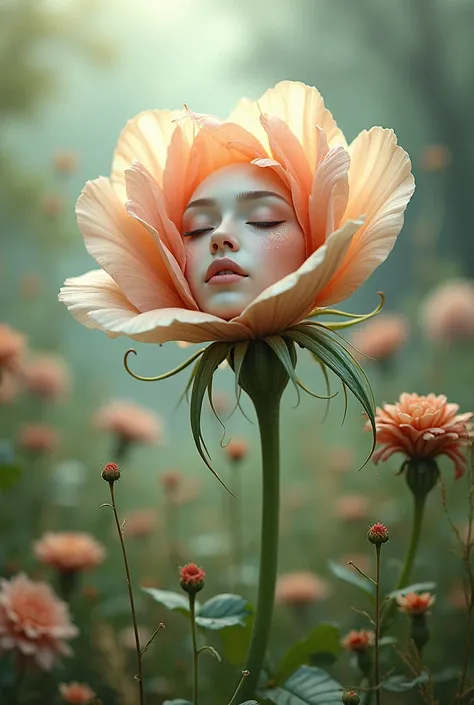  a beautiful flower with a womans face, in pastel colors, with a lot of nature around  