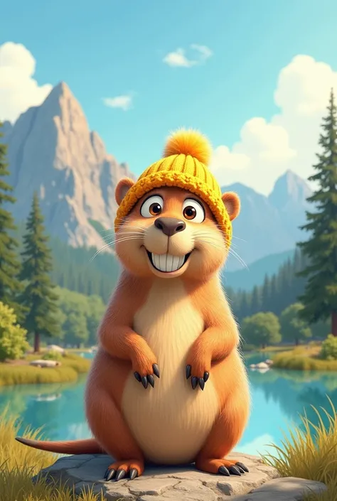 A pencil-drawn Pixar-style illustration of a capybara smiling with wide eyes. The capybara is wearing a yellow knitted hat and is sitting on a rock in a serene natural setting. In the background are mountains, trees, and a body of water. The sky is clear w...